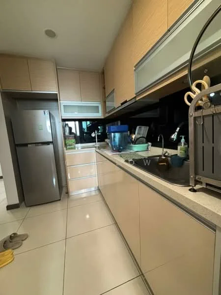Kitchen features: stainless-steel fridge, white cabinetry, granite countertop, single-bowl stainless-steel sink, chrome pull-down faucet, built-in oven, ceramic tile flooring, recessed downlights, black backsplash, open shelving, kitchen utensils, dish soap dispenser, cutting board, kitchen towels; style: modern.