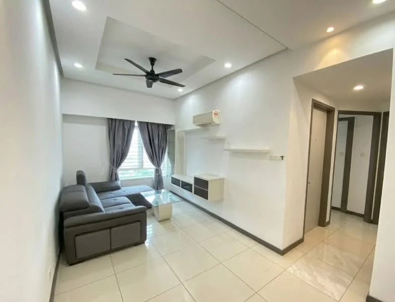 Living features: grey L-shape sectional sofa, glass coffee table, wall-mounted TV console, floor-to-ceiling windows with sheer curtains, recessed downlights, 5-blade ceiling fan with light, cream painted walls, white tiled flooring, air conditioning unit, decorative wall shelf; style: modern.