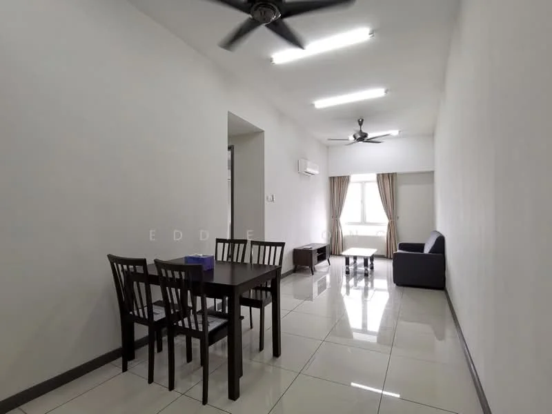 Living features: white painted walls, glossy tile flooring, 5-blade ceiling fan with light, recessed LED downlights, sofa in dark color, dining table with 4 chairs, window with sheer curtains, coffee table, air conditioning unit; style: modern.