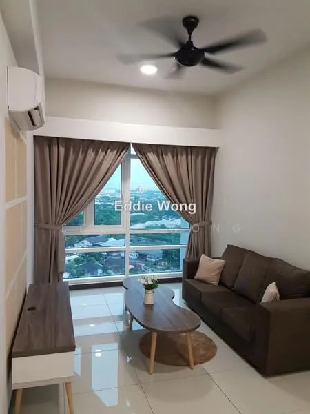 Living features: 3-seater fabric sofa in brown, wooden coffee table, white side table, floor-to-ceiling windows, curtains in beige, wall-mounted split AC, recessed downlights, glossy tile flooring, decorative plant on table, city view; style: modern; view: city.