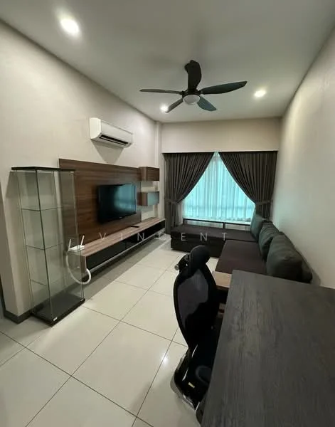 Living features: 3-seater fabric sofa in dark grey, coffee table, wall-mounted TV, TV console with wood finish, floor-to-ceiling window with sheer curtains, ceiling fan with light, wall-mounted split AC, decorative wall paneling, tile flooring, dark wood dining table, glass display cabinet, curtains in dark grey; style: modern.