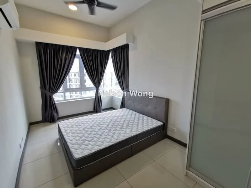 Bedroom features: queen-size bed, upholstered headboard, floor-to-ceiling windows, blackout curtains, light grey painted walls, ceiling fan, tile flooring, built-in wardrobe with sliding doors; style: modern; view: city.