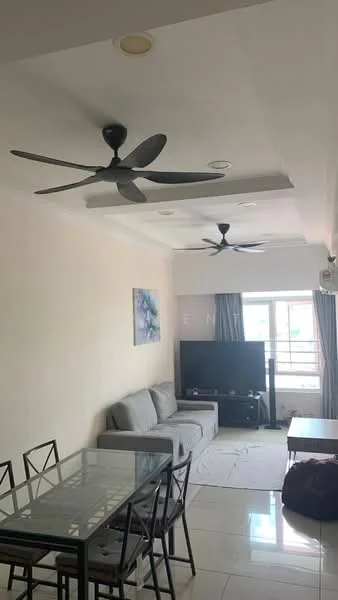Living features: 2 ceiling fans, grey fabric L-shape sectional sofa, glass-top dining table with black metal frame, 6 black metal dining chairs, wall-mounted TV, TV console, white painted walls, recessed downlights, large window with grey curtains, tile flooring; style: modern; view: city.