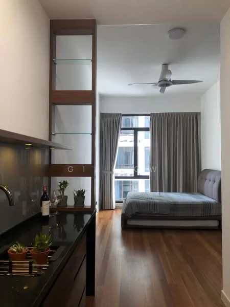Room features: black granite countertop, single-bowl stainless-steel sink, chrome pull-down faucet, wood cabinetry, open shelving, wooden flooring, 5-blade ceiling fan, floor-to-ceiling windows, grey curtains, queen-size bed, upholstered headboard, bedside table, decorative plants; style: modern; view: city.