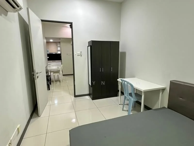 Bedroom features: grey upholstered bed, white walls, glossy tile flooring, 1 wall-mounted split AC, built-in wardrobe in black, study desk in white, blue plastic chair, door leading to another room; style: modern.