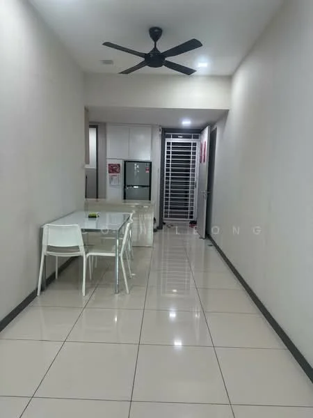 Room features: white painted walls, glossy ceramic tile flooring, 5-blade ceiling fan, dining table with four white chairs, refrigerator, open layout, hallway, bright lighting, sliding security gate; style: modern.