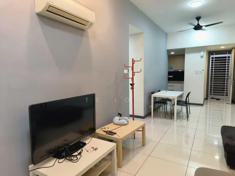Living features: wall-mounted TV, coffee table, sofa in grey, white tiled flooring, 1 wall-mounted split AC, ceiling fan, dining table with chairs, open layout to kitchen, light grey painted walls, decorative coat rack; style: modern.