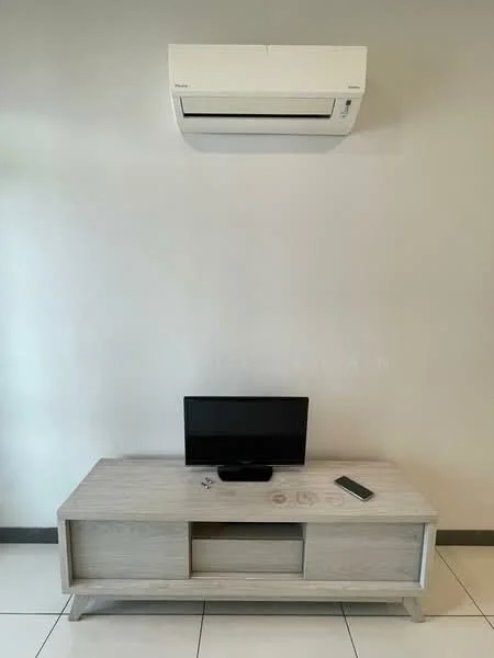 Room features: wall-mounted split AC, light-colored wooden TV console, flat-screen TV, white wall, grey tiled flooring, smartphone on console; style: modern.