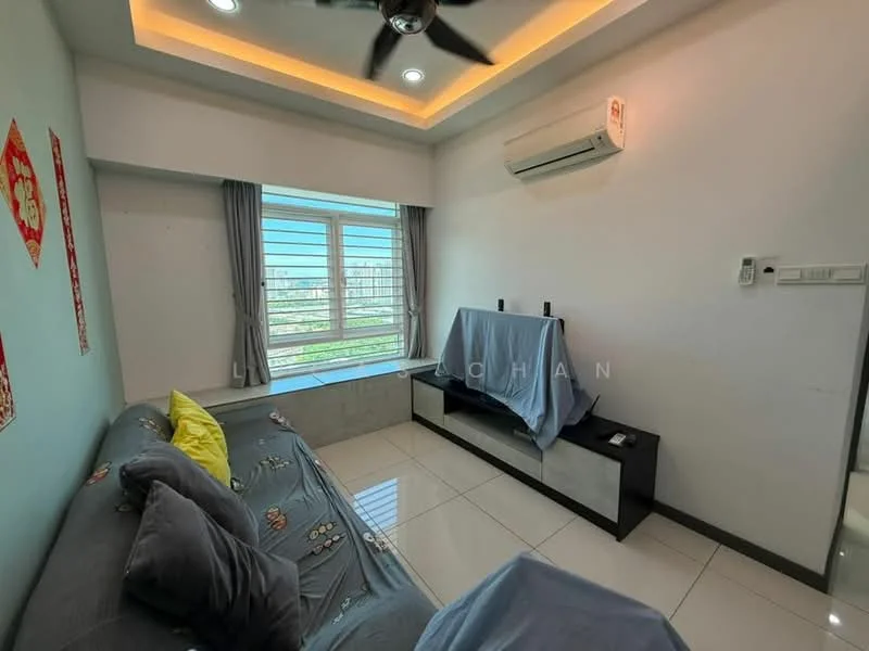 Living features: grey fabric sofa, yellow throw pillows, white painted walls, recessed ceiling lights, ceiling fan, wall-mounted TV, black TV console, air conditioning unit, large window with horizontal blinds, glossy tile flooring; style: modern; view: garden.