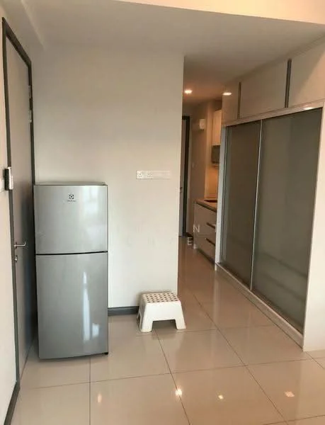 Room features: grey fridge, white stool, glossy tile flooring, light grey painted walls, recessed downlights, sliding glass door, built-in cabinetry, kitchen countertop; style: modern.
