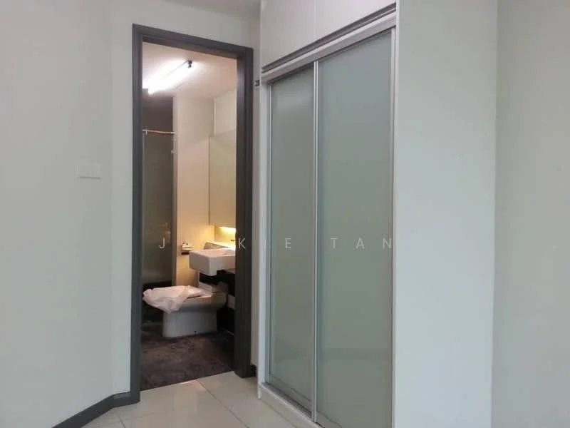 Room features: grey tiled flooring, white painted walls, sliding glass door, doorway leading to bathroom, recessed lighting, light switch, mirror, vanity with sink; style: modern.