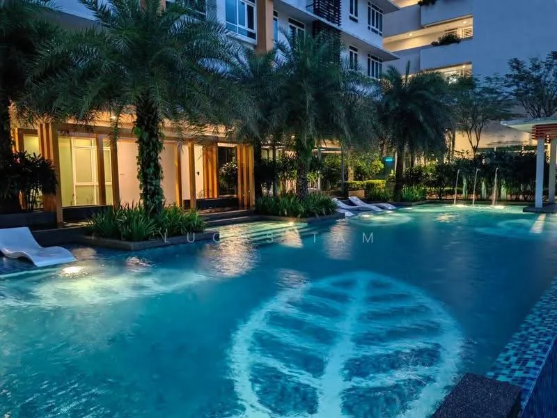 Exterior type: swimming pool deck; features: infinity pool, pool deck with loungers, tropical landscaping, palm trees, ambient lighting, water features, surrounding greenery, tile cladding around pool, nighttime illumination; style: modern.
