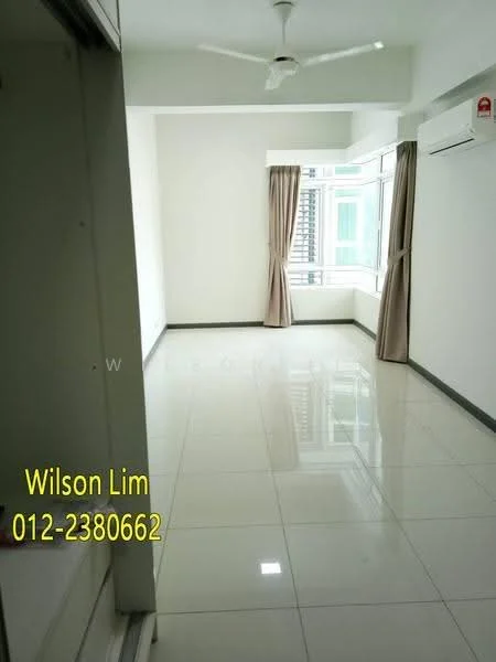 Room features: white painted walls, glossy ceramic tile flooring, 5-blade ceiling fan, floor-to-ceiling windows, sheer curtains, wall-mounted split AC, neutral color scheme, corner window, recessed lighting; style: modern; view: city.