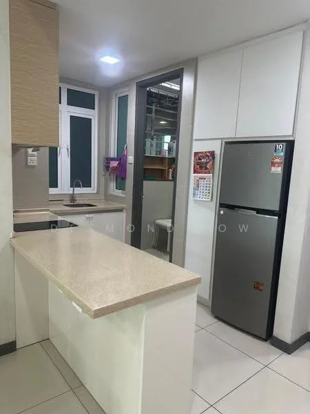 Kitchen features: light-colored countertop, white cabinetry, stainless-steel fridge, single-bowl stainless-steel sink, chrome pull-down faucet, ceramic tile flooring, wall-mounted cabinets, window with sheer curtains, open shelving, kitchen island with seating; style: modern.