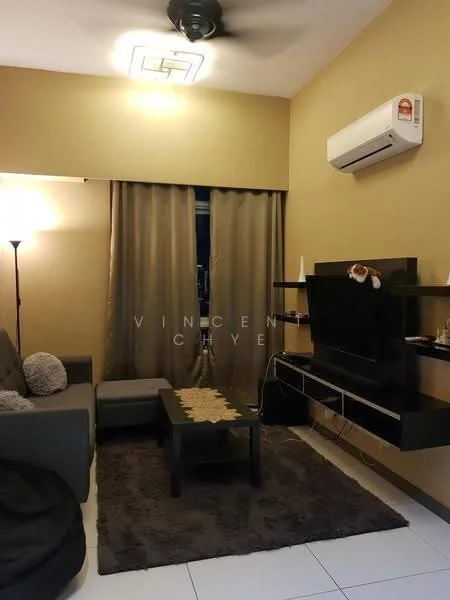 Living features: grey fabric sofa, black coffee table, TV console, wall-mounted TV, area rug with geometric pattern, floor lamp, wall-mounted air conditioning unit, curtains in dark grey, recessed ceiling light, white tiled flooring; style: modern.