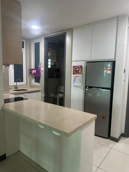 Kitchen features: light-colored countertop, white cabinetry, stainless-steel fridge, single-bowl stainless-steel sink, chrome pull-down faucet, ceramic tile flooring, window with sheer curtains, open layout, kitchen island with seating, wall-mounted storage; style: modern.