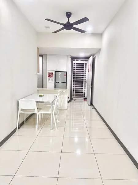 Room features: white painted walls, glossy ceramic tile flooring, 5-blade ceiling fan, dining table with four chairs, refrigerator, door leading to another room, sliding security gate, bright lighting, open layout; style: modern.
