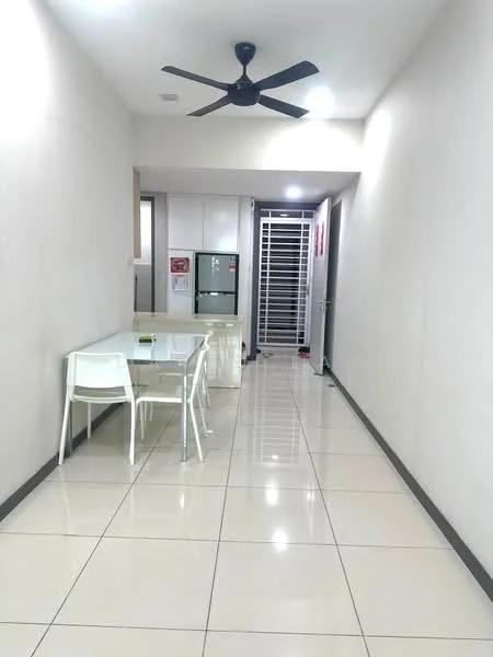 Room features: white painted walls, glossy ceramic tile flooring, 5-blade ceiling fan with light, dining table with four chairs, refrigerator, open layout, bright overhead lighting, hallway leading to other rooms; style: modern.