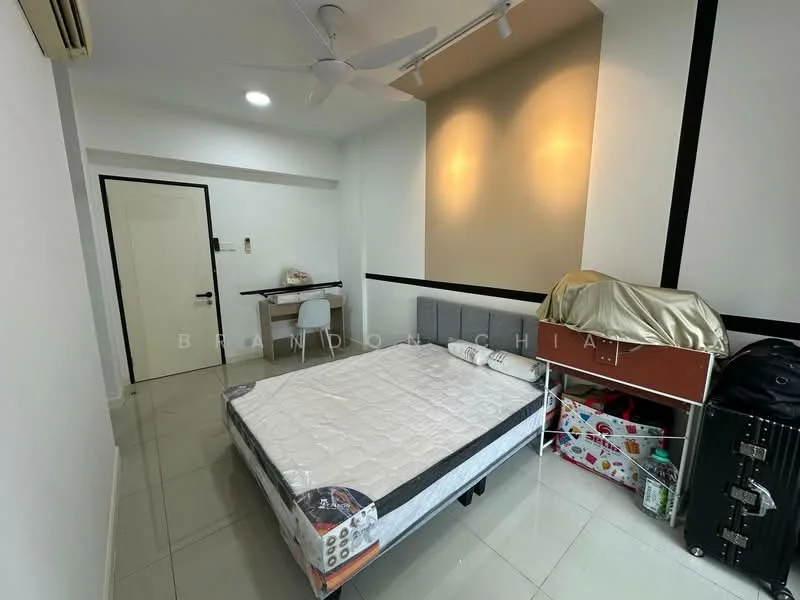 Bedroom features: queen-size bed, upholstered headboard, study desk, white painted walls, tile flooring, ceiling fan, built-in wardrobe, natural light from window, decorative wall lighting; style: modern.