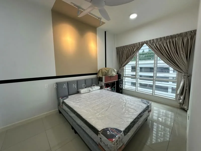 Bedroom features: queen-size bed, upholstered headboard, bedside lamps, floor-to-ceiling windows, sheer curtains, cream painted walls, light-colored tile flooring, ceiling fan, recessed downlights; style: modern.