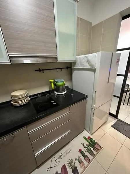 Kitchen features: light wood cabinetry, black granite countertop, stainless-steel fridge, built-in stove, white ceramic backsplash, dish rack, stack of plates, kitchen rug with cactus design, wall-mounted utensil rack, tile flooring, under-cabinet lighting; style: modern.