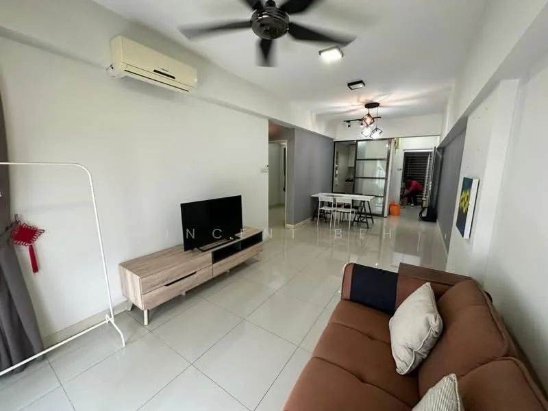 Living features: 3-seater fabric sofa in brown, coffee table, wall-mounted TV, TV console in light wood, floor-to-ceiling windows with sheer curtains, white painted walls, ceramic tile flooring, ceiling fan with light, air conditioning unit, decorative wall art, dining table with chairs visible in background; style: modern.