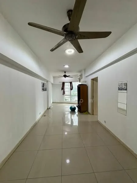 Hallway features: white painted walls, glossy beige tile flooring, 5-blade ceiling fan, recessed downlights, large windows providing natural light, wooden cabinet, decorative wall art, mirror on wall; style: modern; view: city.