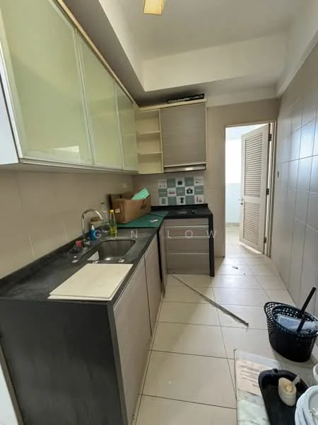 Kitchen features: single-bowl stainless-steel sink, chrome pull-down faucet, laminate countertop, grey cabinetry, white upper cabinets with glass panels, tile backsplash, ceramic tile flooring, built-in oven, kitchen island, window with natural light, door leading to balcony, open shelving; style: modern.