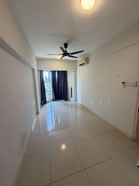 Room features: white painted walls, glossy tile flooring, 5-blade ceiling fan, floor-to-ceiling windows, blackout curtains, air conditioning unit, recessed ceiling lights; style: modern; view: city.