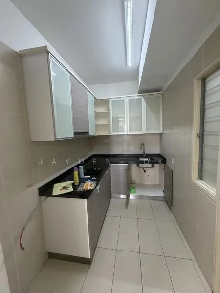 Kitchen features: white upper cabinets with glass fronts, brown lower cabinets, black granite countertop, single-bowl stainless-steel sink, chrome pull-down faucet, tile backsplash, ceramic tile flooring, fluorescent ceiling light, window with horizontal blinds, open shelving, built-in cabinets; style: modern.