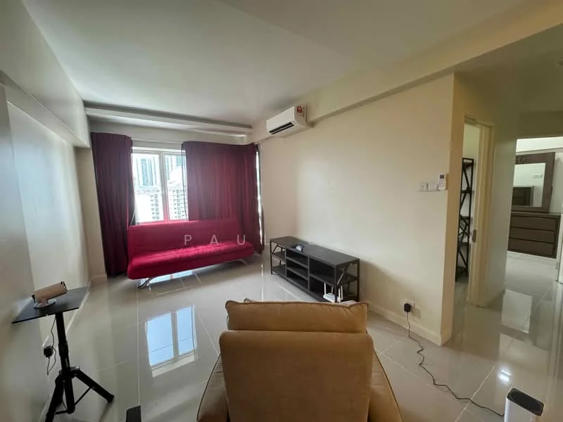 Living features: red fabric sofa, glass coffee table, wall-mounted TV console, floor-to-ceiling windows, curtains in dark red, light-colored walls, glossy tile flooring, wall-mounted air conditioning unit; style: modern; view: city. Room features: doorway leading to another room, neutral-colored walls, light-colored flooring.