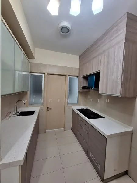 Kitchen features: white quartz countertop, wood cabinetry in light brown, built-in gas hob, stainless-steel sink, chrome pull-down faucet, white tiled backsplash, recessed ceiling lights, floor-to-ceiling cabinets, light-colored tiled flooring, sliding glass door to utility area, ventilation fan; style: modern.