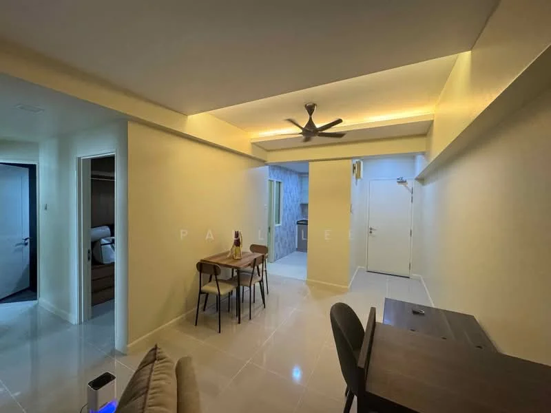 Living features: 5-blade ceiling fan with integrated LED light, recessed LED downlights, cream painted walls, glossy tile flooring, dining table with four chairs, study desk, sofa, open layout, doorway leading to kitchen, doorway leading to bedroom; style: modern.