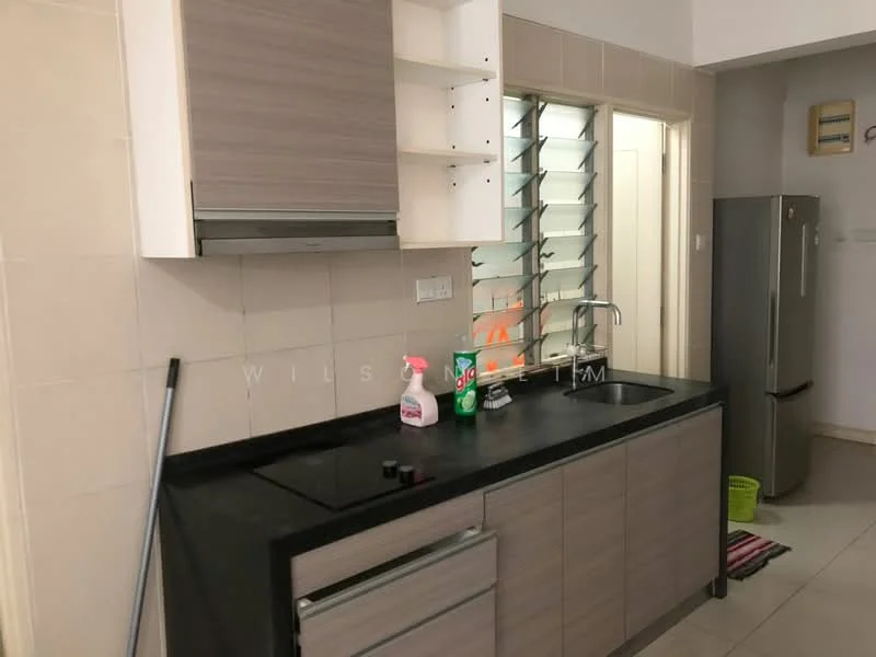 Kitchen features: laminate cabinetry in light brown, black granite countertop, single-bowl stainless-steel sink, chrome pull-down faucet, built-in oven, freestanding fridge in stainless steel, tile backsplash, ceramic tile flooring, window with louvered glass, cleaning supplies on countertop, kitchen towel on floor; style: modern.