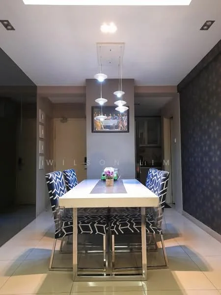 Dining features: rectangular dining table with white top, 4 upholstered dining chairs with geometric pattern, pendant lighting with multiple bulbs, decorative wall art, grey accent wall, cream painted walls, glossy tile flooring, flower vase on table; style: modern.