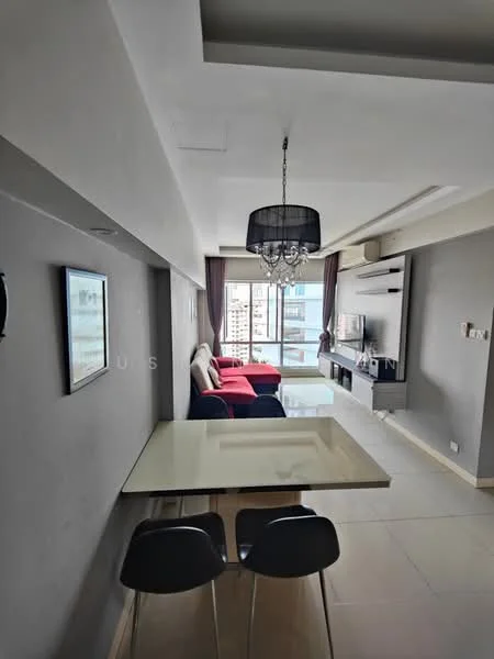 Living features: grey painted walls, white ceiling with recessed lighting, chandelier, floor-to-ceiling windows, black sofa, red armchair, TV console, wall-mounted TV, light-colored tile flooring, dining table with four black chairs, decorative wall art; style: modern; view: city.