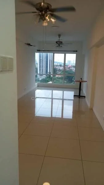 Living features: large floor-to-ceiling windows, city skyline view, white painted walls, polished ceramic tile flooring, 2 ceiling fans, recessed downlights, small round dining table, neutral color palette; style: modern; view: city.