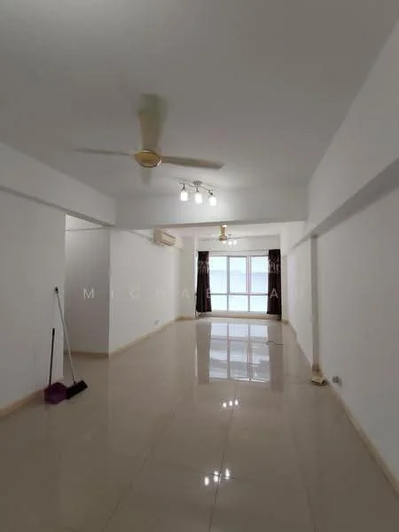 Living features: white painted walls, polished ceramic tile flooring, 5-blade ceiling fan with light, recessed downlights, floor-to-ceiling windows, curtains, air conditioning unit, open layout; style: modern; view: city.