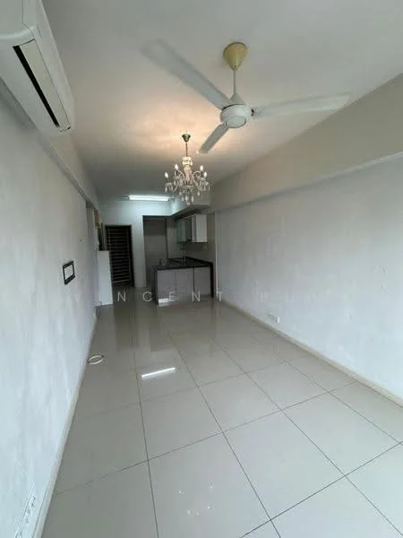 Living features: white painted walls, glossy tile flooring, 5-blade ceiling fan with light, chandelier, air conditioning unit, open kitchen layout, recessed lighting, large window for natural light; style: modern.