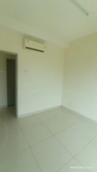 Room features: light-colored painted walls, plain ceiling, 1 wall-mounted split AC, large floor tiles, neutral-colored flooring, single door, window with no visible treatment; style: minimalist.