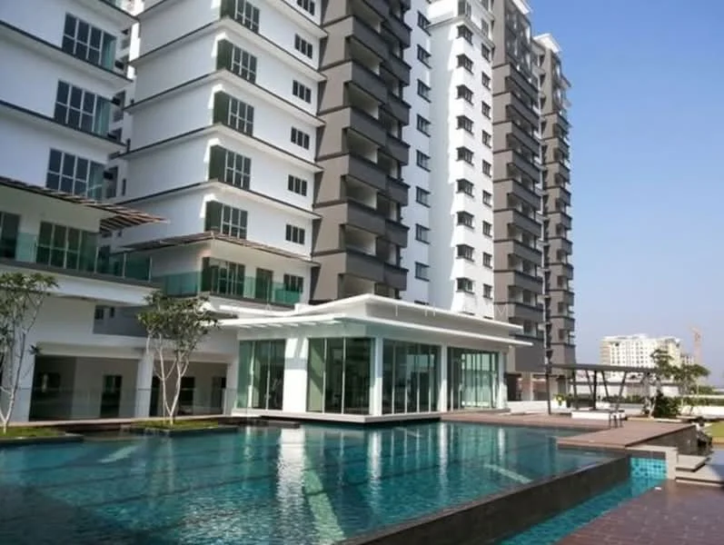 Exterior type: high-rise condominium; features: glass curtain wall, white painted facade, projecting balconies, infinity pool, pool deck with loungers, landscaped garden, manicured lawn, surrounded by mature greenery; style: modern.