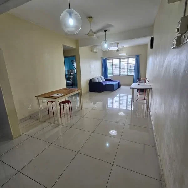 Living features: white painted walls, glossy ceramic tile flooring, 3-blade ceiling fan, 3-seater fabric sofa in blue, 2 white dining chairs, wood dining table, large window with blue curtains, LED pendant lights; style: modern.