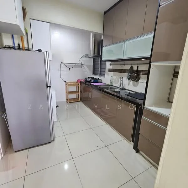 Kitchen features: grey cabinetry, white countertop, stainless-steel fridge, built-in oven, 4-burner gas hob, stainless-steel range hood, double-bowl stainless-steel sink, wall-mounted shelves, ceramic tile flooring, white tiled backsplash, recessed downlights; style: modern.