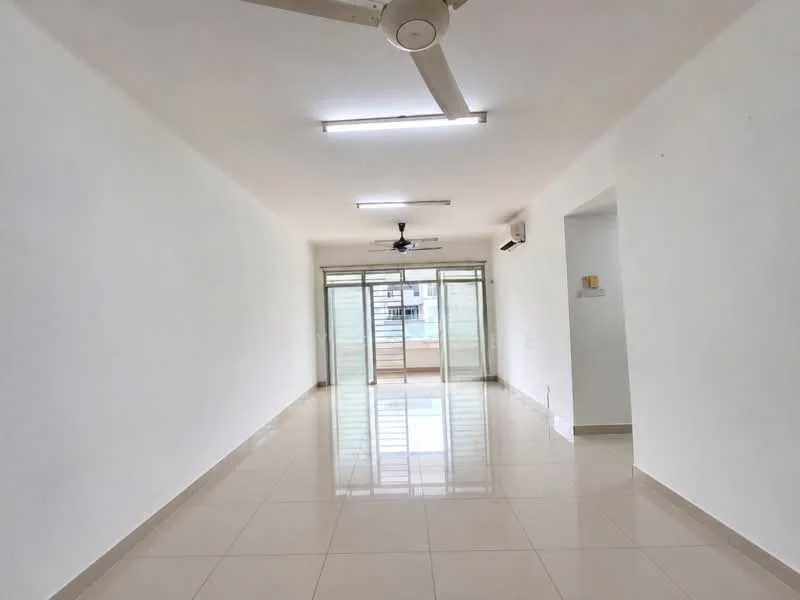 Living features: white painted walls, glossy ceramic tile flooring, recessed LED downlights, 5-blade ceiling fan, wall-mounted split AC, floor-to-ceiling sliding glass doors, balcony view, neutral color scheme; style: modern; view: city.