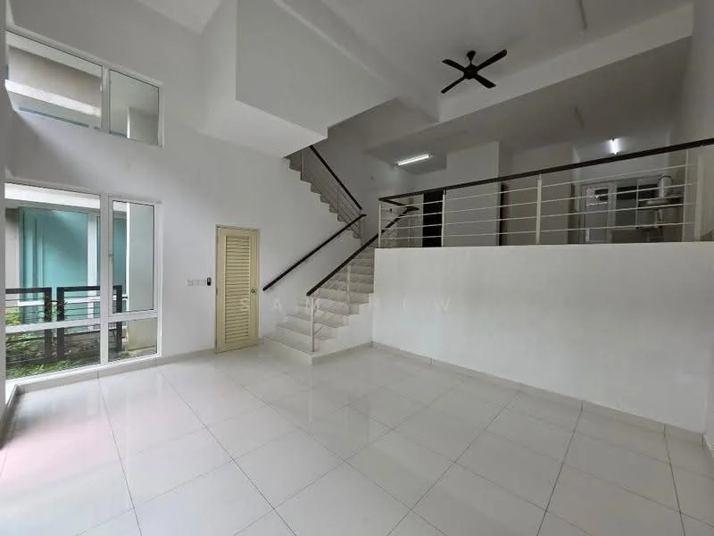 Living features: white painted walls, polished ceramic tile flooring, 5-blade ceiling fan, large windows with glass panes, staircase with metal railing, open layout, natural light from windows, neutral color scheme; style: modern; view: garden.