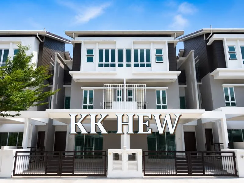 Exterior type: linked terrace house; features: white painted facade, dark wood paneling, recessed balconies, multiple storeys, large windows, metal railing on balcony, front porch area, manicured landscaping, paved walkway, modern architectural design; style: modern.
