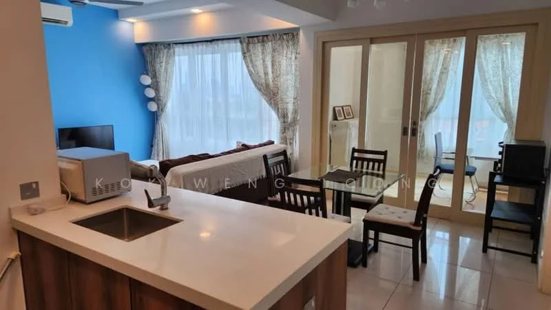 Kitchen features: white quartz countertop, stainless-steel sink, built-in kitchen cabinetry, microwave, refrigerator, open shelving; style: modern. Living features: 3-seater fabric sofa in brown, coffee table, TV console, wall-mounted TV, floor-to-ceiling windows with sheer curtains, area rug, decorative wall light; style: modern. Dining features: 4-seater dining table, upholstered dining chairs, decorative mirror, sideboard; style: modern. Study features: desk, chair, bookshelf.