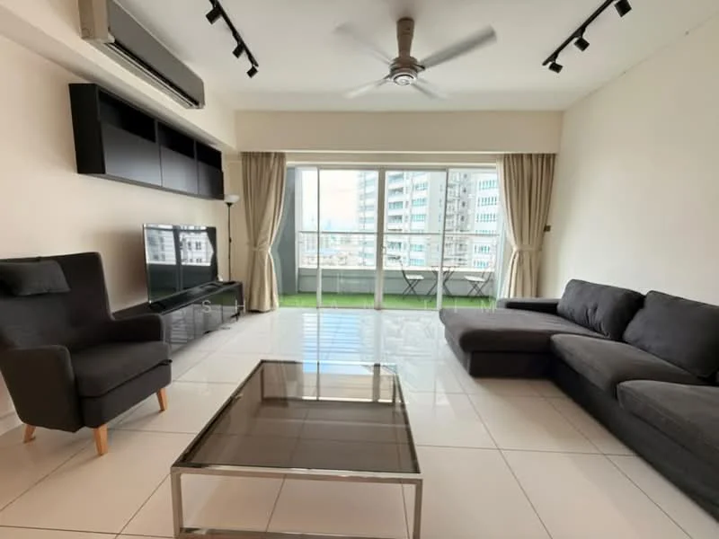 Living features: 3-seater fabric sofa in dark grey, 2-seater fabric armchair in black, glass coffee table, wall-mounted TV, black TV console, floor-to-ceiling windows, sliding glass door, curtains, ceiling fan with light, recessed downlights, white painted walls, glossy tile flooring, greenery view from balcony; style: modern; view: city.
