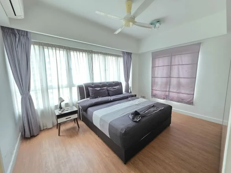 Bedroom features: king-size bed, upholstered headboard, bedding in grey and white, 2 bedside lamps, nightstand with drawer, floor-to-ceiling windows, sheer curtains, grey curtains, wooden flooring, wall-mounted split AC, ceiling fan with light; style: modern; view: city.