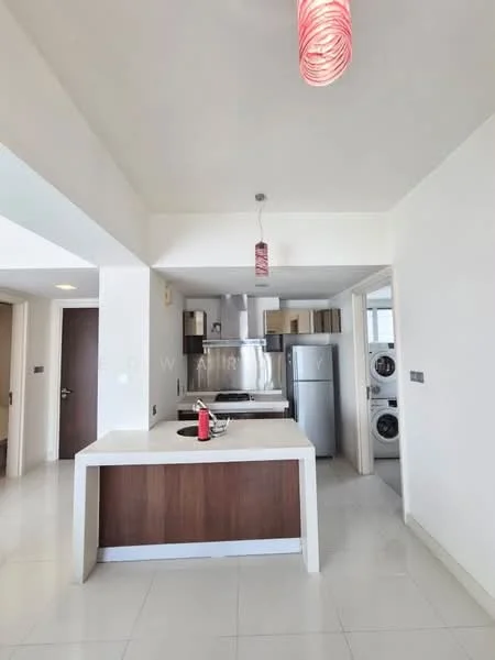 Kitchen features: white walls, polished tile flooring, island countertop with breakfast bar, stainless-steel sink, chrome pull-down faucet, built-in oven, freestanding range oven, stainless-steel fridge, microwave, pendant light fixture, open shelving, cabinets with wood finish, washing machine, dryer; style: modern.